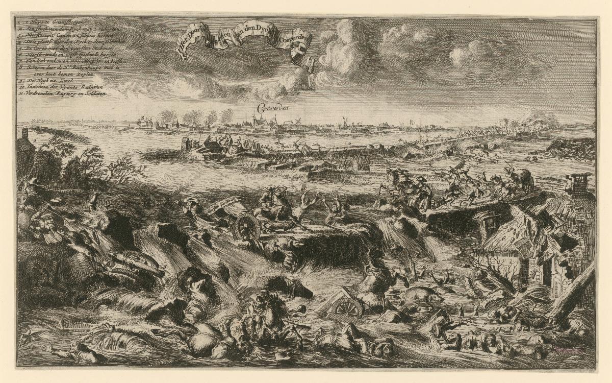 Deichbruch bei Coeverden am 1. Oktober 1673, Illustration in: Lambert van den Bosch, Tooneel des oorlogs, opgerecht in de Vereenigde Nederlanden door de wapenen van de koningen van Vrankryk en Engeland, Keulsche en Munstersche bisschoppen (...), Amsterdam: Jacob van Meurs en Joannes van Someren, 1675, Bd. 4, S. 80