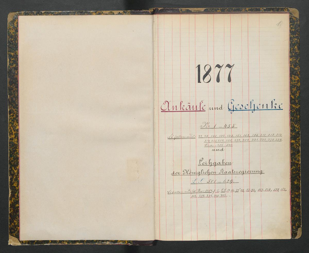 1877 Ankäufe und Geschenke N° 1-455 und Leihgaben der Königlichen Staatsregierung N° 501-629