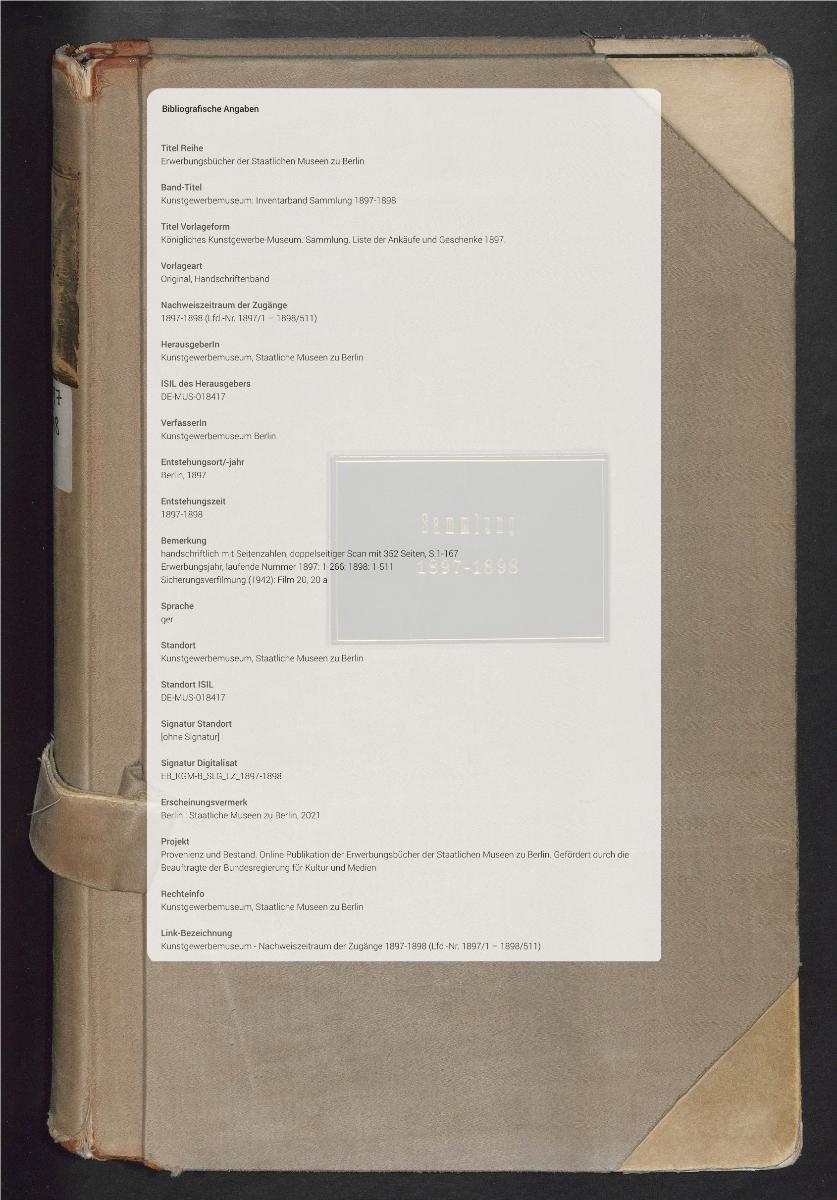 Königliches Kunstgewerbe-Museum. Sammlung. Liste der Ankäufe und Geschenke 1897.