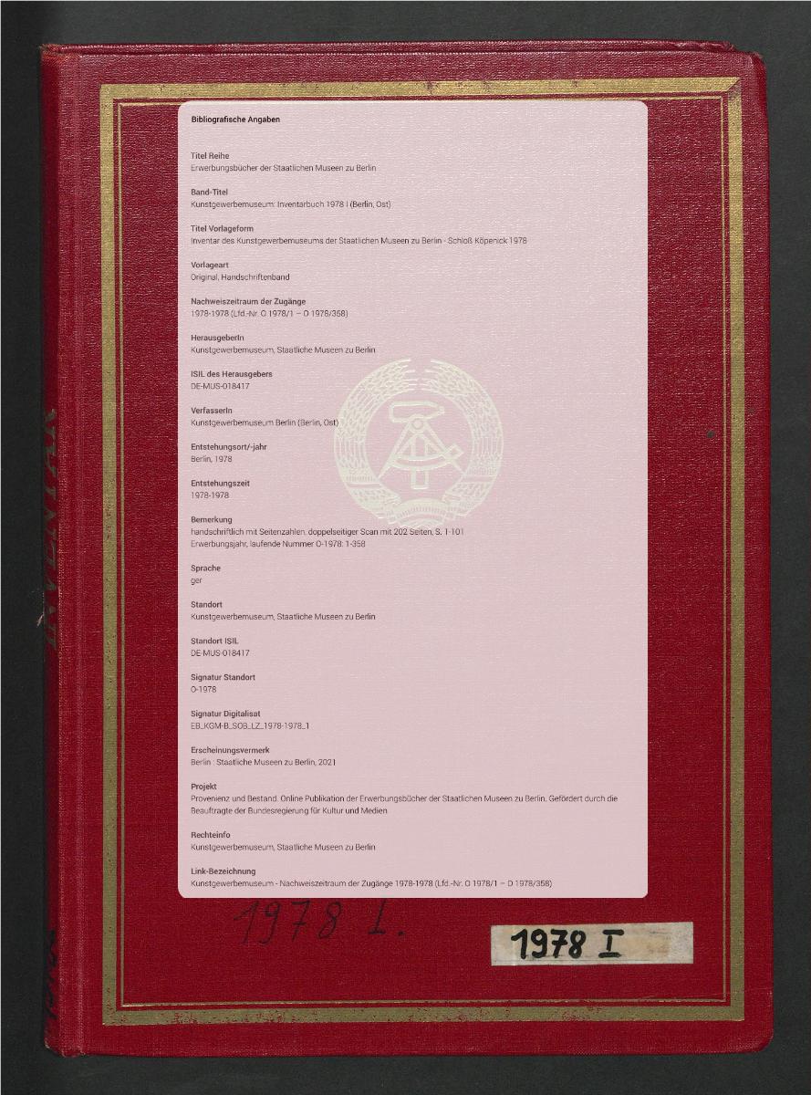 Inventar des Kunstgewerbemuseums der Staatlichen Museen zu Berlin - Schloß Köpenick 1978