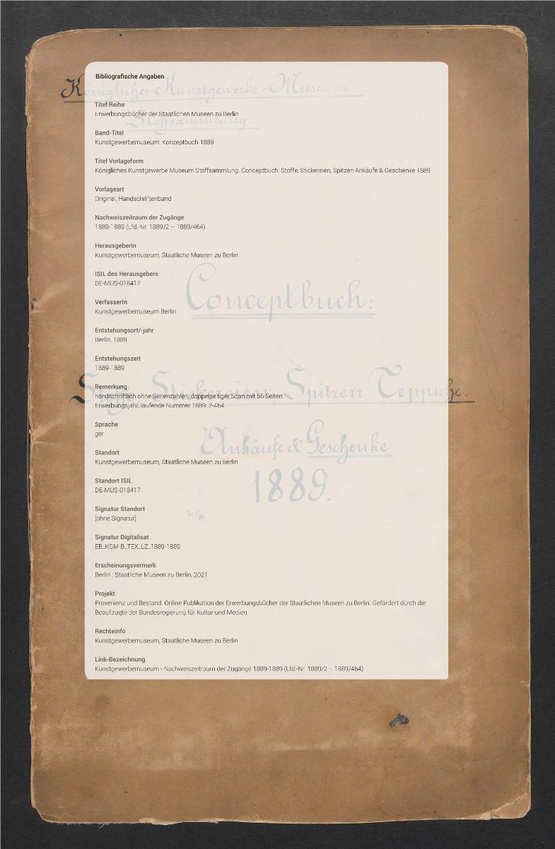 Königliches Kunstgewerbe Museum Stoffsammlung. Conceptbuch: Stoffe, Stickereien, Spitzen Ankäufe & Geschenke 1889