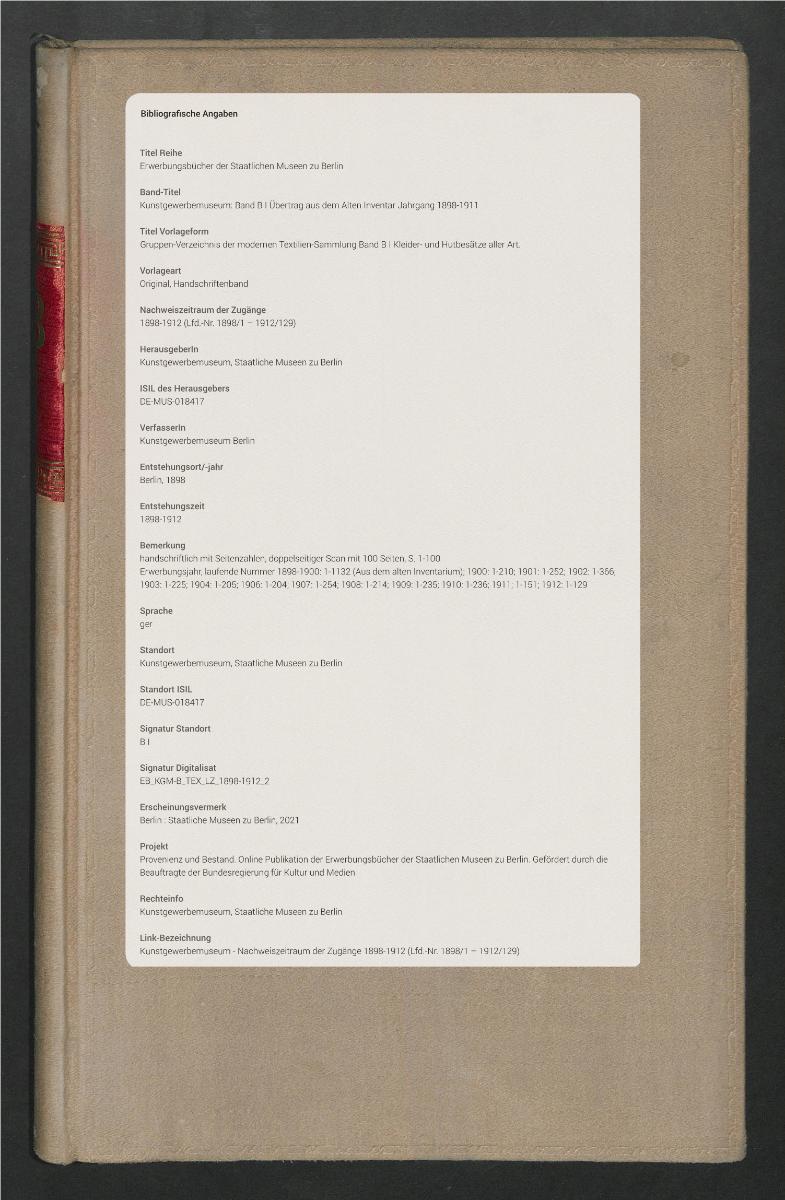 Gruppen-Verzeichnis der modernen Textilien-Sammlung Band B I Kleider- und Hutbesätze aller Art.