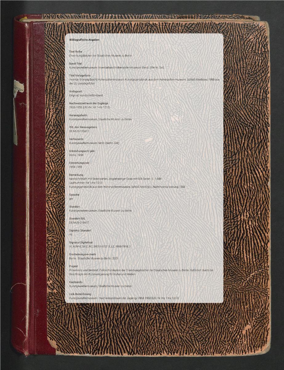 Inventar (Konzeptbuch) Hohenzollernmuseum Kunstgegenstände aus dem Hohenzollernmuseum, Schloß Monbijou, 1958 aus der SU zurückgeführt