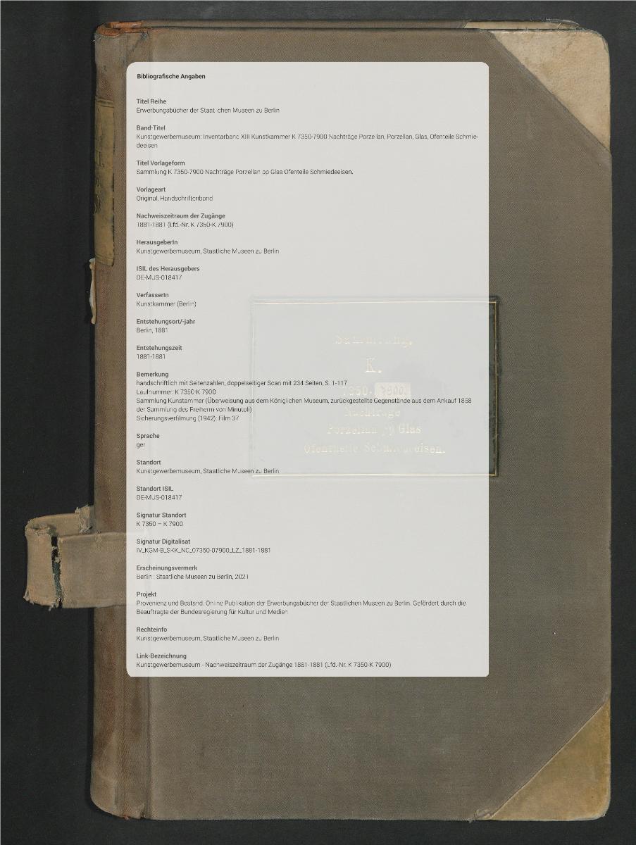 Sammlung K 7350-7900 Nachträge Porzellan pp Glas Ofenteile Schmiedeeisen.