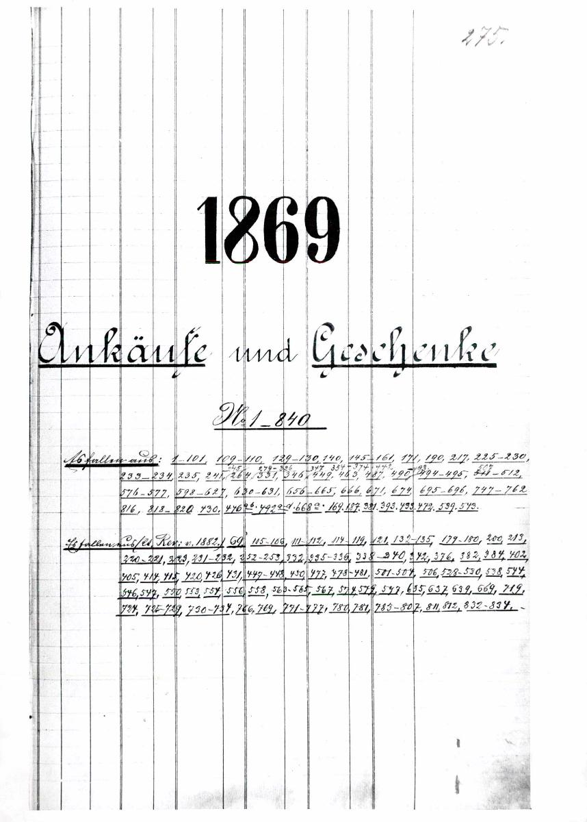 4 5/6 1869 vollst. + 1870 vollst. 29.06.1960 16.12.1960 gez. Sch. [Schönberger, Arno] v.B. [= Erwerbungsjahr 1869: 1303-3282 aus Inventarbuch Sammlung 1867-69; Erwerbungsjahr 1870: 1-526 aus Inventarbuch Sammlung 1870-1873]