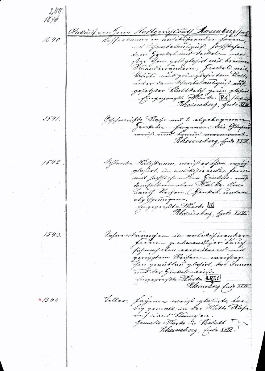 8 13/14 1876 Inv.Nr. 1540-2120 Es fehlt die Seite 269 links(fehlt im Film,) leer. 29.6.1960 21.12.1960 gez. Sch. [Schönberger, Arno] v.B. [= Erwerbungsjahr 1876:1540-1813; LS: 1814-2120 aus Inventarbuch Sammlung 1876]