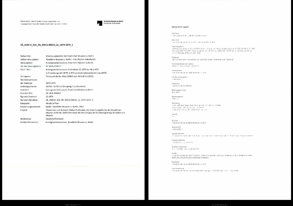 12 19/20 1879 Inv.Nr. 1-473 vollständig 30. Juni 1960 gez. Sch. [Schönberger, Arno] v.B. [= Erwerbungsjahr 1879: 1-473 aus Inventarbuch Sammlung 1879]