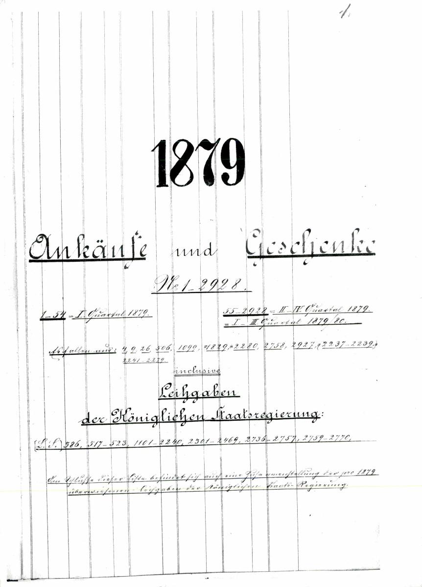 12 19/20 1879 Inv.Nr. 1-473 vollständig 30. Juni 1960 gez. Sch. [Schönberger, Arno] v.B. [= Erwerbungsjahr 1879: 1-473 aus Inventarbuch Sammlung 1879]