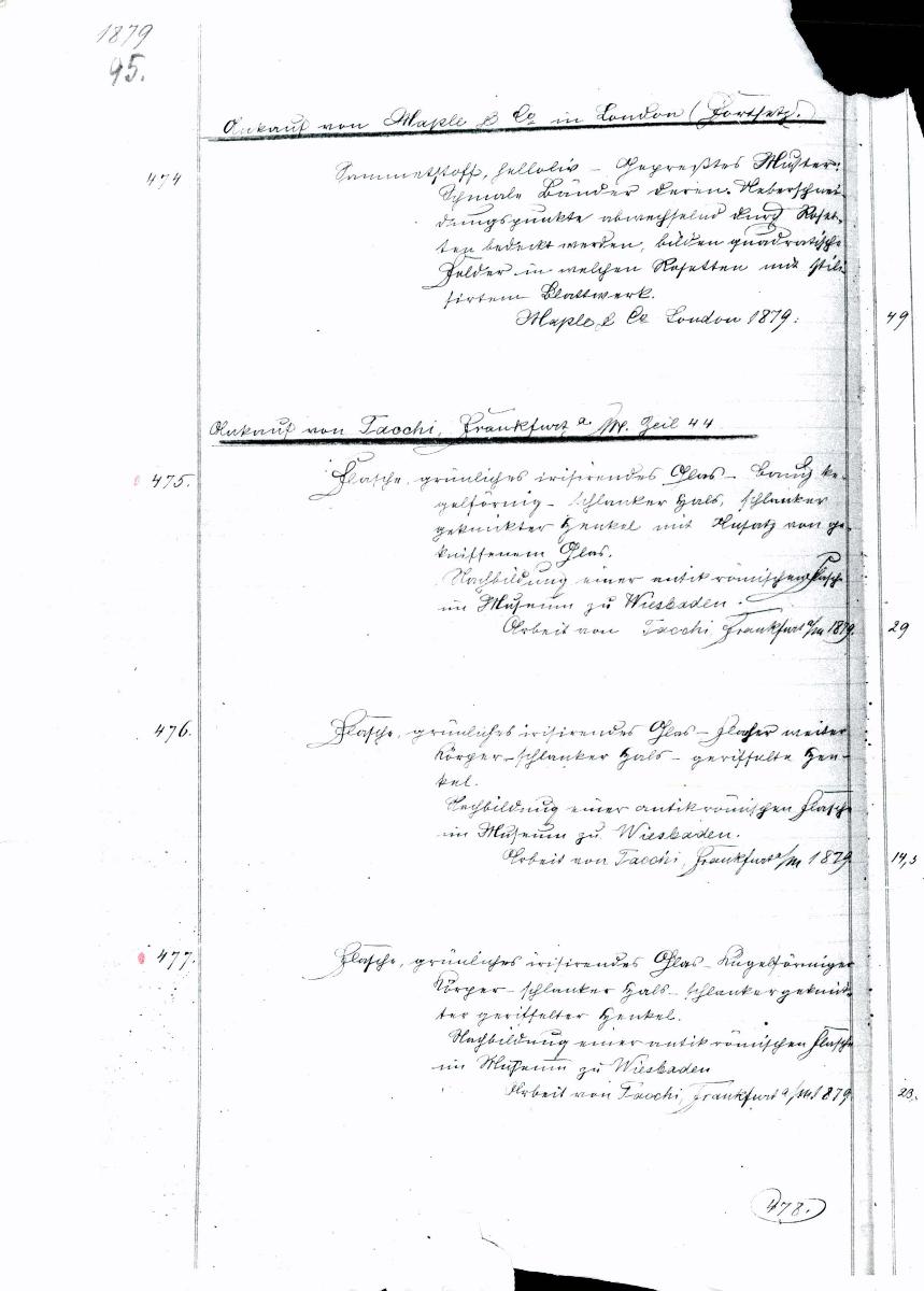 12a 19/20 1879 Inv.Nr. 474-1100 vollst. 30.6.1960 gez. Sch. [Schönberger, Arno] v.B. [= Erwerbungsjahr 1879: 474-1100 aus Inventarbuch Sammlung 1879]