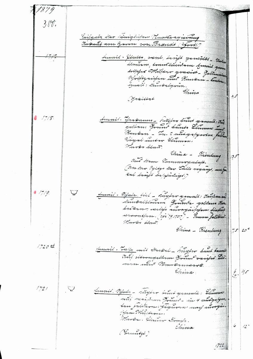 14 19/20 1879 Inv.Nr. 1717-2300 vollständig 30. Juni 1960 gez. Sch. [Schönberger, Arno] v.B. [= Erwerbungsjahr 1879: 1717-2300 aus Inventarbuch Sammlung 1879]