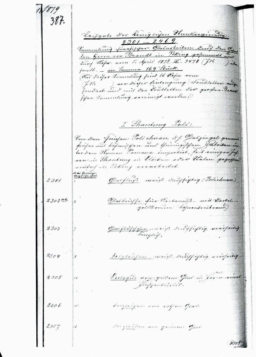 14a 19/20/21 1879 Inv.Nr. 2301-2928 vollständig 30. Juni 1960 gez. Sch. [Schönberger, Arno] v.B. [= Erwerbungsjahr 1879: 2301-2928 aus Inventarbuch Sammlung 1879]
