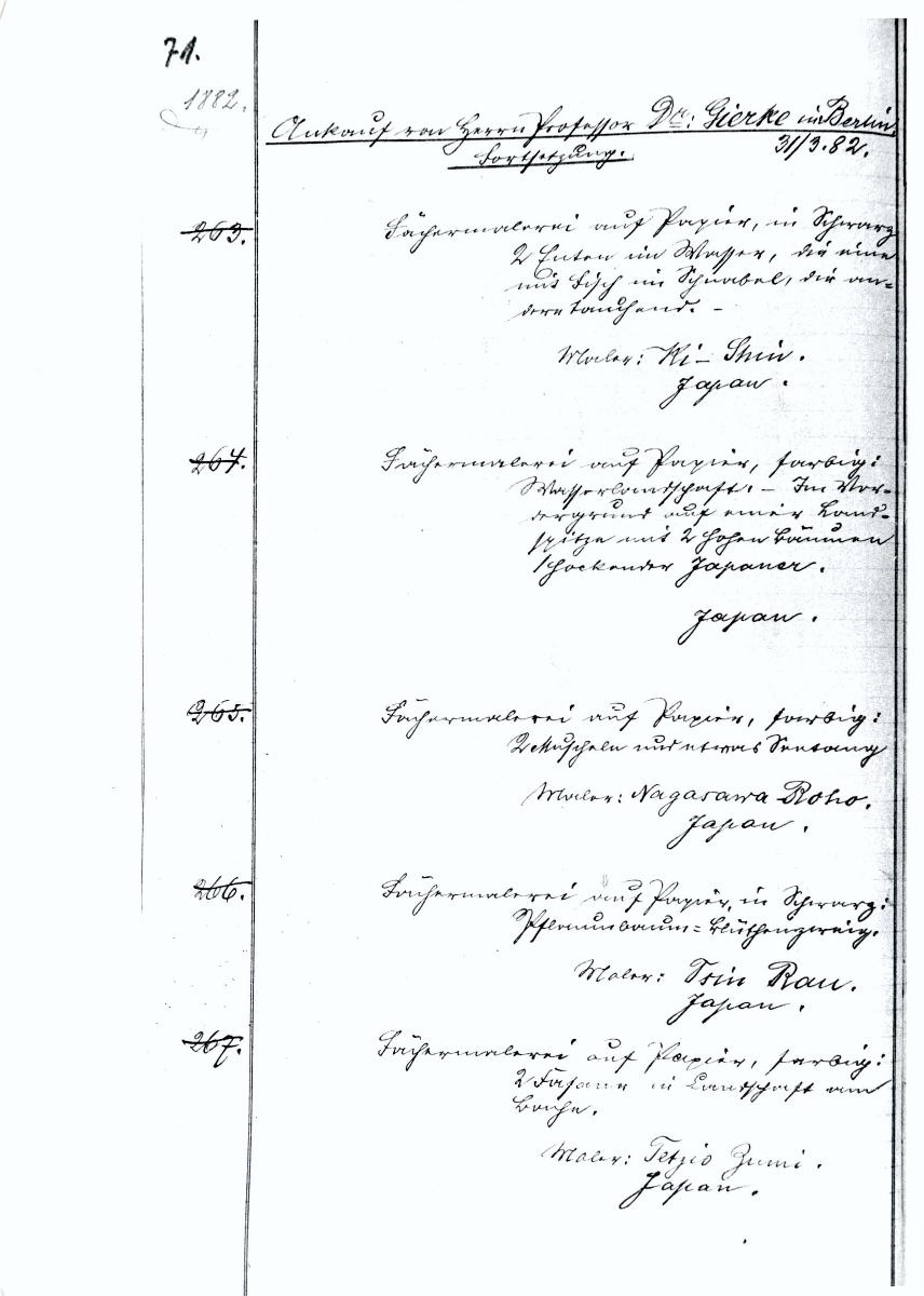 19a 26/27 1882 Inv.Nr. 263-569 vollständig 30. Juni 1960 gez. Sch. [Schönberger, Arno] v.B. [= Erwerbungsjahr 1882: 263-569 aus Inventarbuch Sammlung 1882]