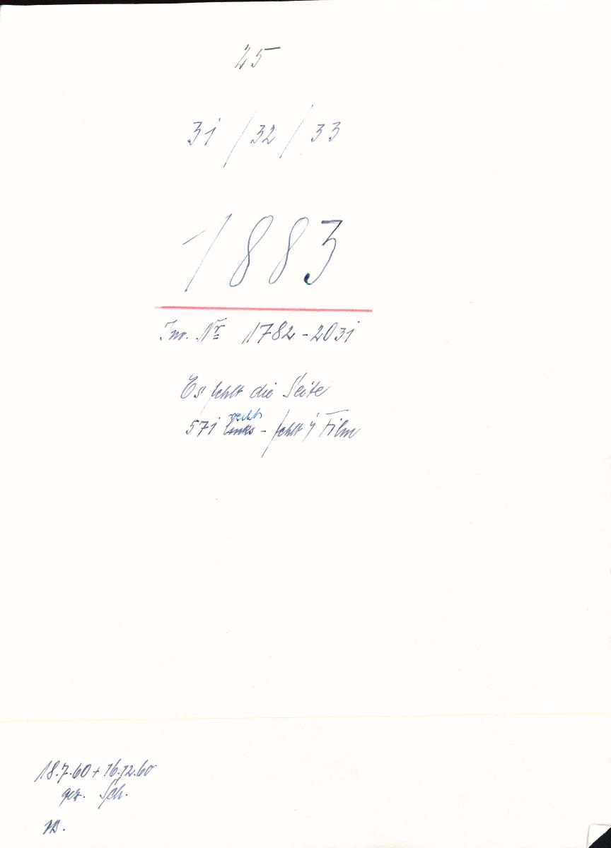25 31/32/33 1883 Inv.Nr. 1782-2031 Es fehlt Seite 571 rechts (fehlt im Film) 18.7.1960 + 16.12.60 gez. Sch. [Schönberger, Arno] v.B. [= Erwerbungsjahr 1883: 1782-2031 aus Inventarbuch Sammlung 1883]