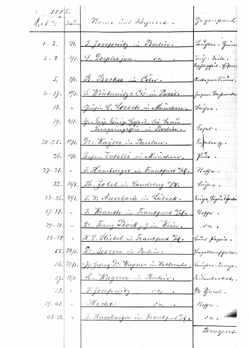 31 38/40 1885 Seite 1-99 Inv.Nr. 1-341 vollständig 19.4.1960 16.12.1960 gez. Sch. [Schönberger, Arno] v.B. [= Erwerbungsjahr 1885: 1-341 aus Inventarbuch Sammlung 1885]