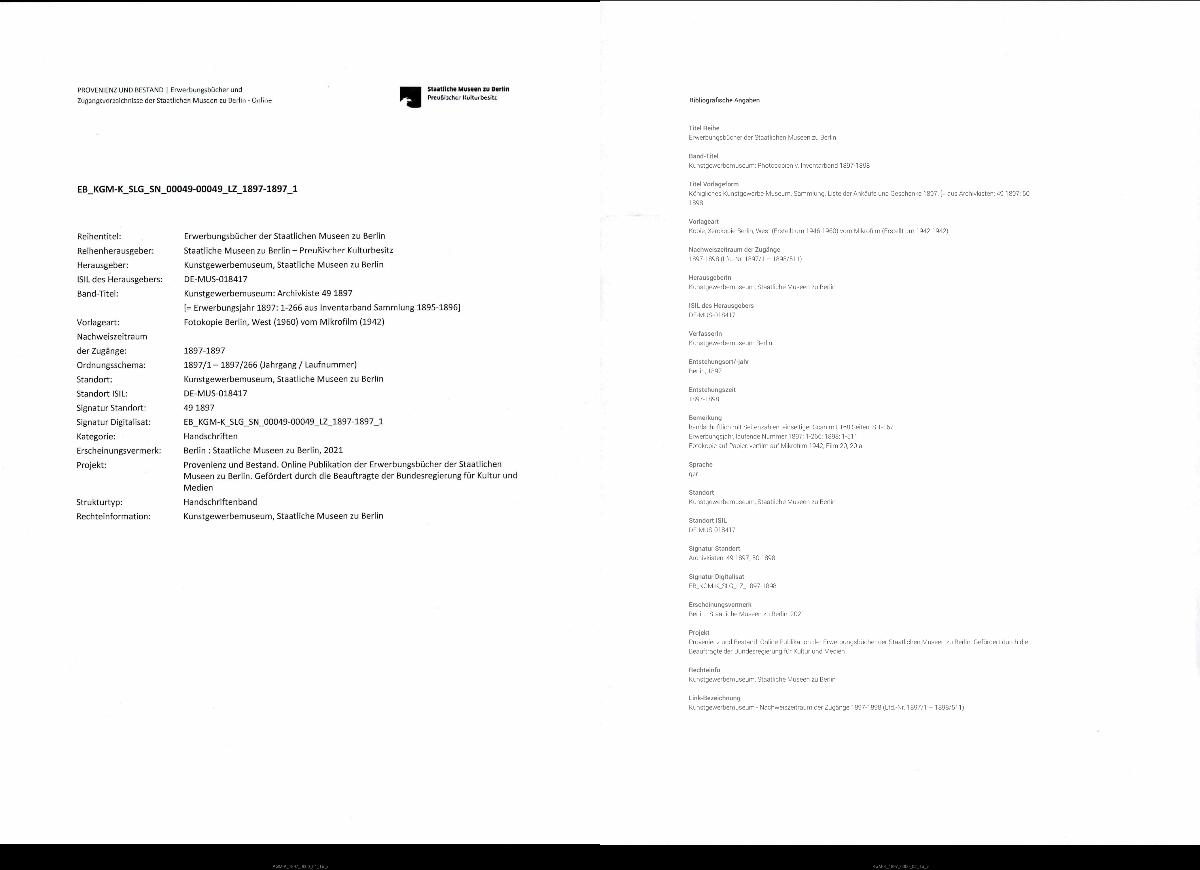 49 56/57 1897 vollständig 31.5. + 21.12.1960 gez. Sch. [Schönberger, Arno] v.B [= Erwerbungsjahr 1897: 1-266 aus Inventarbuch Sammlung 1897-1898]