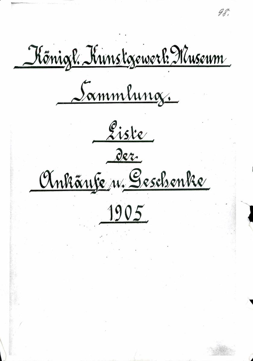56 70/71 1905 1906 vollständig 14. April 1960 gez. Sch. [Schönberger, Arno] v.B [= Erwerbungsjahr 1905: 1-209 aus Inventarbuch Sammlung 1903-1905; 1906: 1-329 aus Inventarbuch Sammlung 1906]