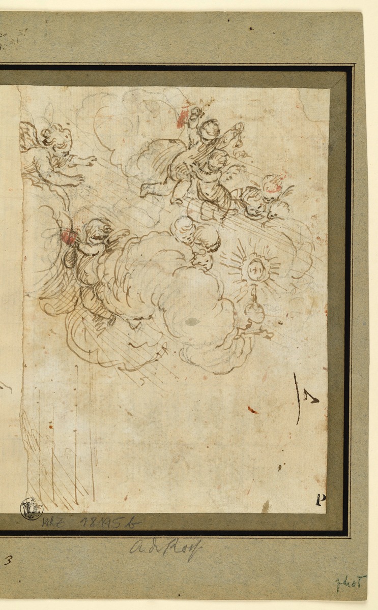 Engel und Cherubine in Wolken, mit Sakrament