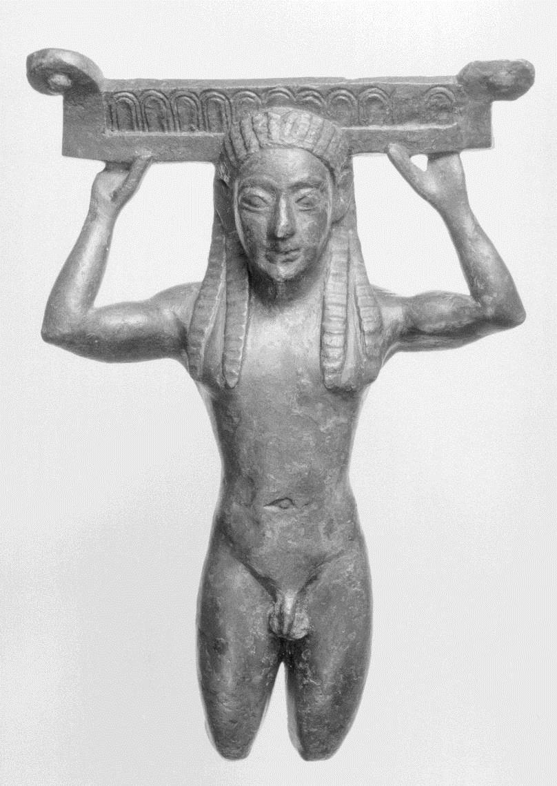 Gerätestütze: Kniender Knabe als  Stütze eines Bronzebeckens