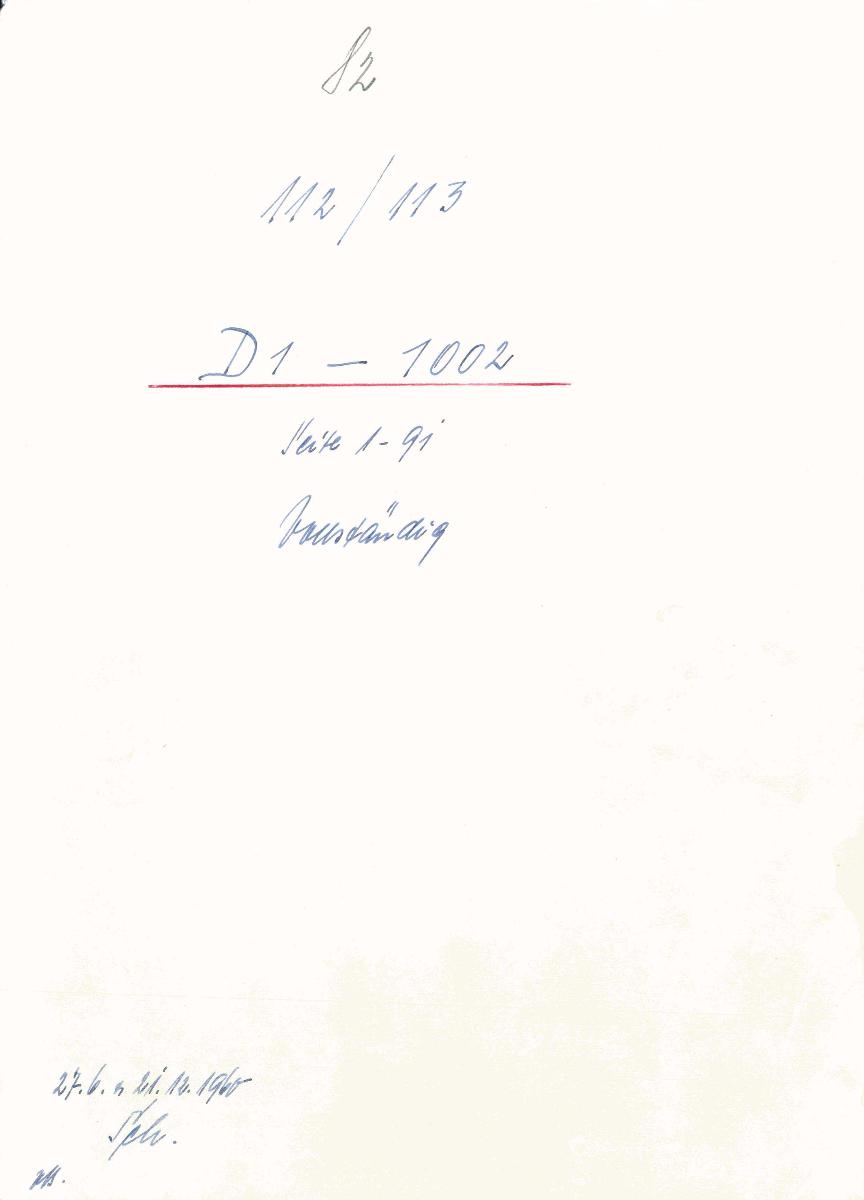 82 112/113 D1-1002 Seite 1-91 vollständig 27.6. u. 21.12.1960 gez. Sch. [Schönberger, Arno] v.B. [= Lfd.-Nr. D 1-1002 aus Inventarbuch Sammlung Doubletten-Liste D 1-3740]