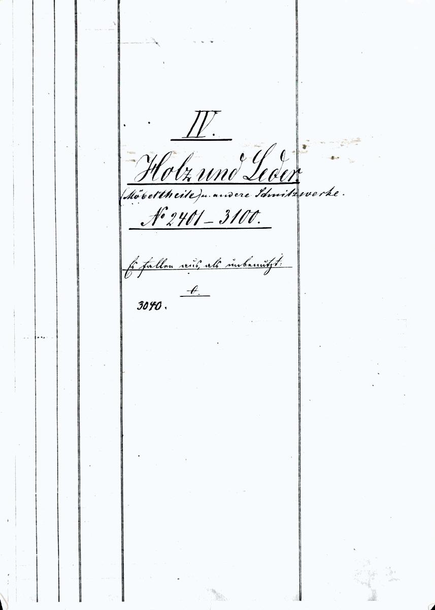 70 95/96 K IV 2401-3100 Holz, Leder vollständig 1. Juni 1960 gez. Sch. [Schönberger, Arno] [= Lfd.-Nr. K 02401-K 03100 aus Inventarbuch IV Kunstkammer K 2401-3100 Holz, Leder]