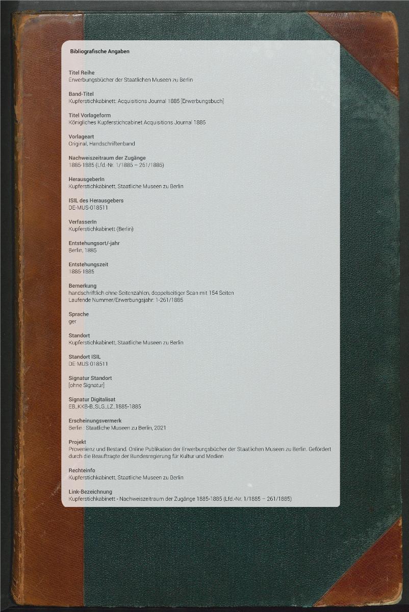 Königliches Kupferstichcabinet Acquisitions Journal 1885