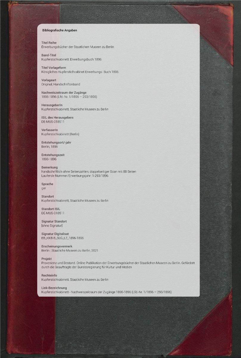 Königliches Kupferstichcabinet Erwerbungs- Buch 1896