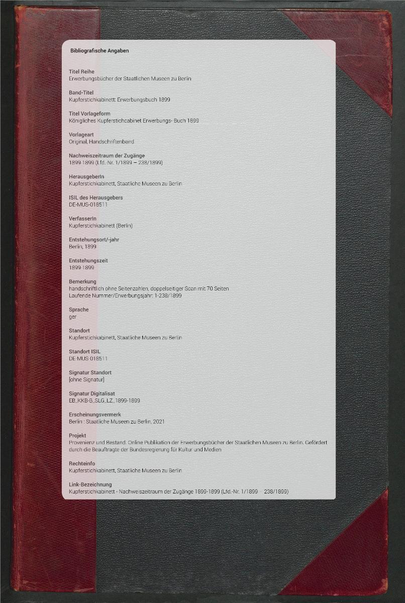 Königliches Kupferstichcabinet Erwerbungs- Buch 1899
