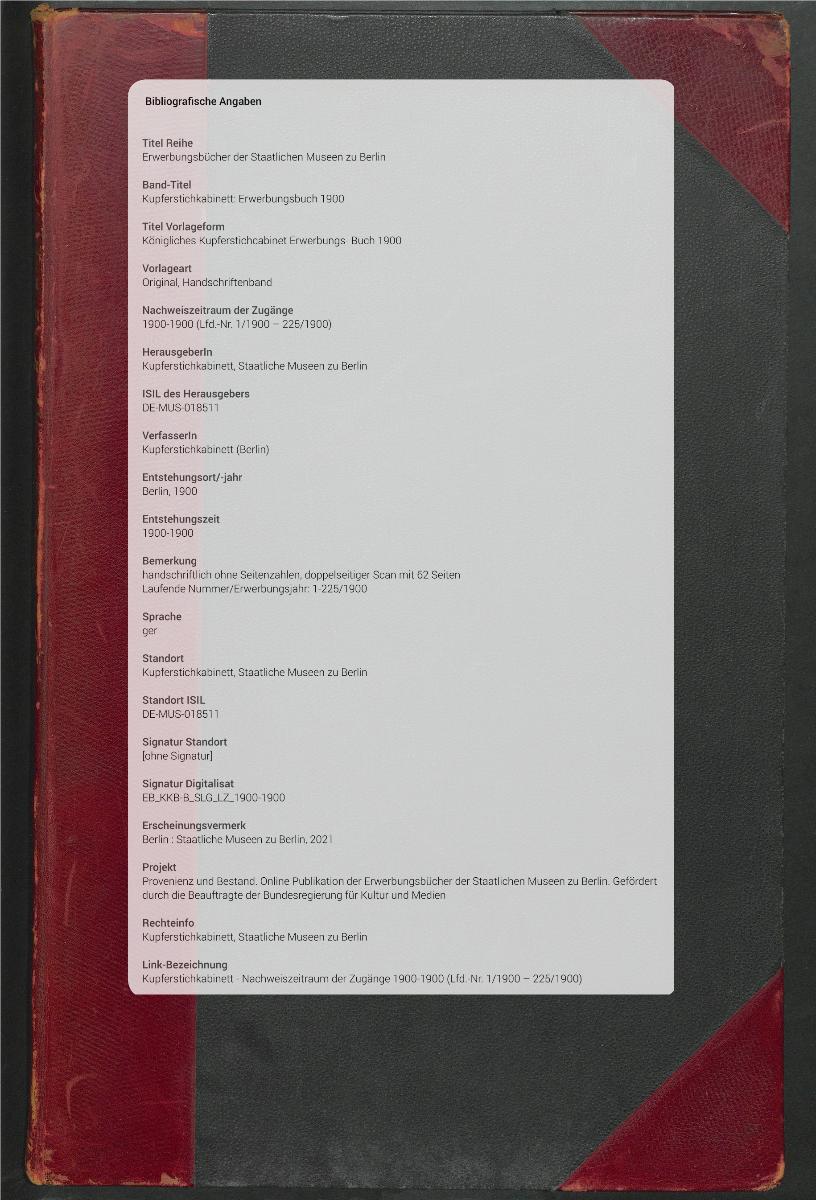 Königliches Kupferstichcabinet Erwerbungs- Buch 1900