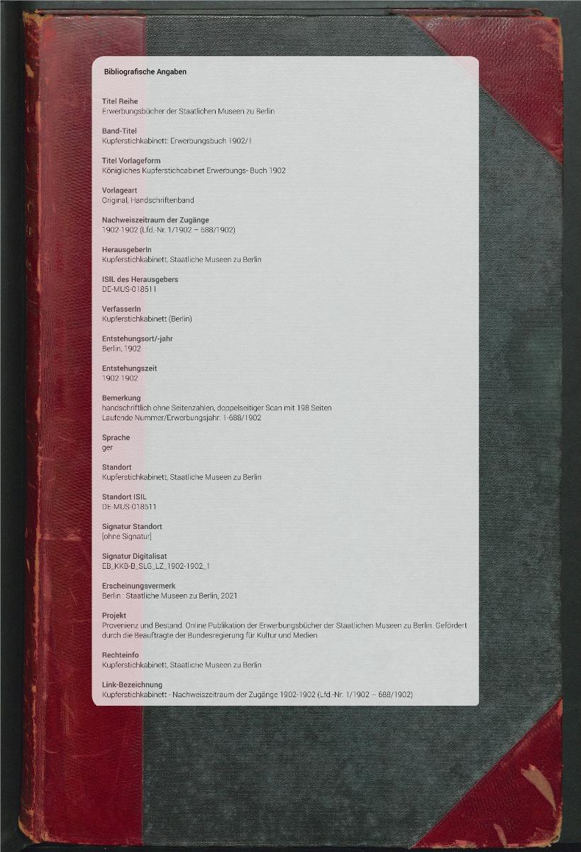 Königliches Kupferstichcabinet Erwerbungs- Buch 1902