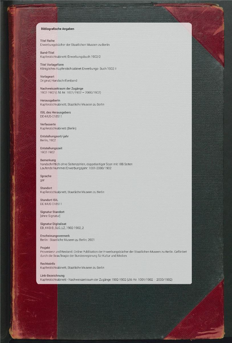 Königliches Kupferstichcabinet Erwerbungs- Buch 1902 II