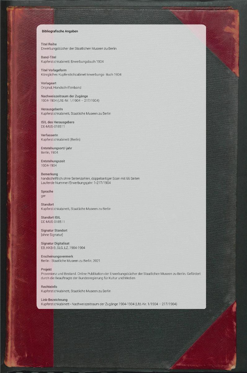 Königliches Kupferstichcabinet Erwerbungs- Buch 1904