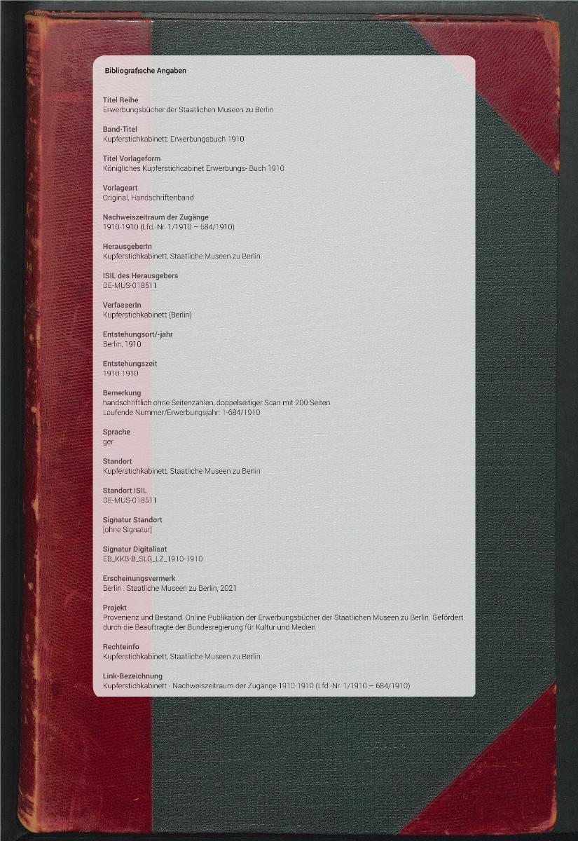 Königliches Kupferstichcabinet Erwerbungs- Buch 1910