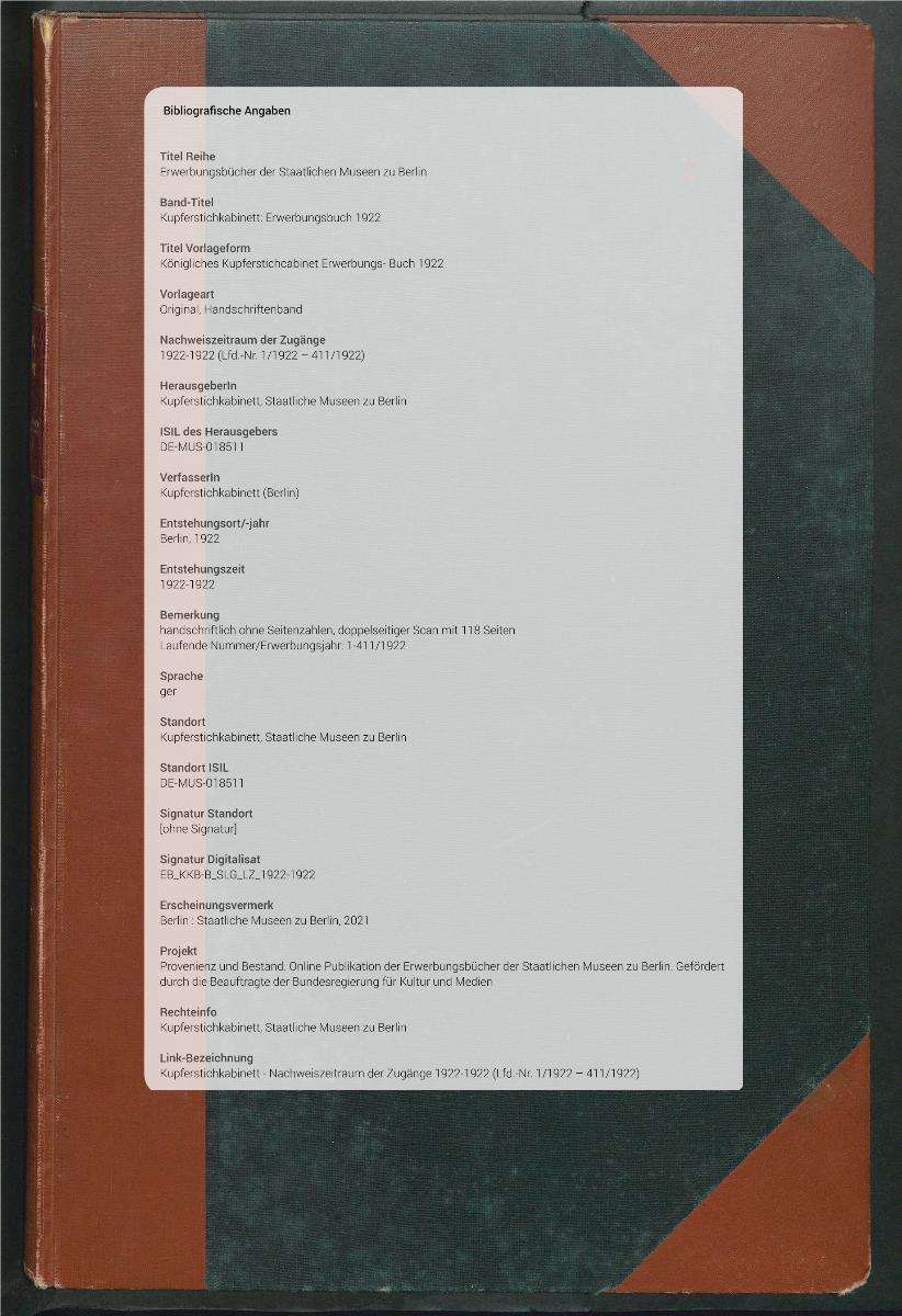 Königliches Kupferstichcabinet Erwerbungs- Buch 1922