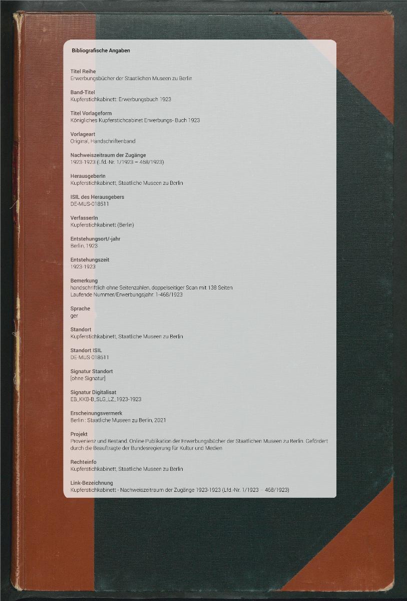 Königliches Kupferstichcabinet Erwerbungs- Buch 1923