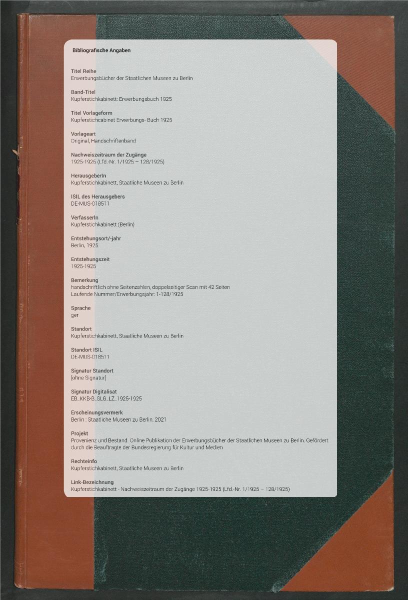 Kupferstichcabinet Erwerbungs- Buch 1925