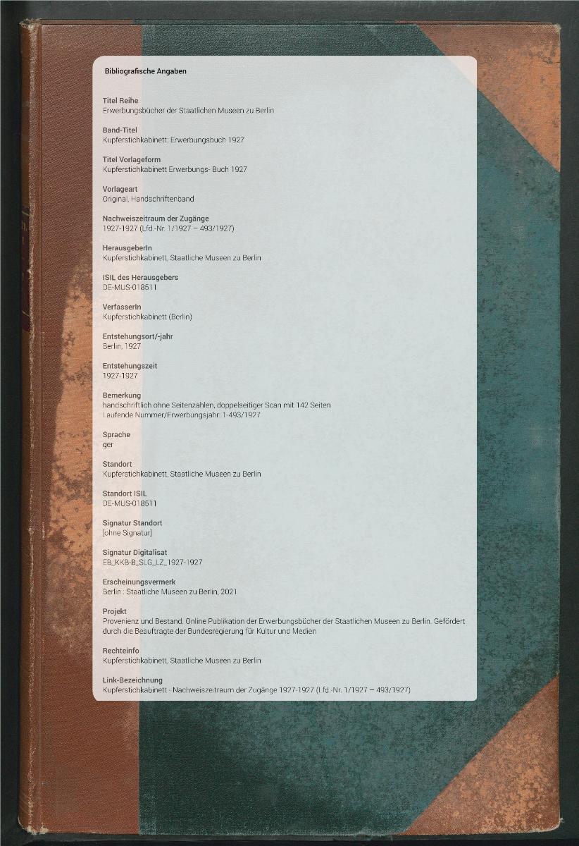 Kupferstichkabinett Erwerbungs- Buch 1927