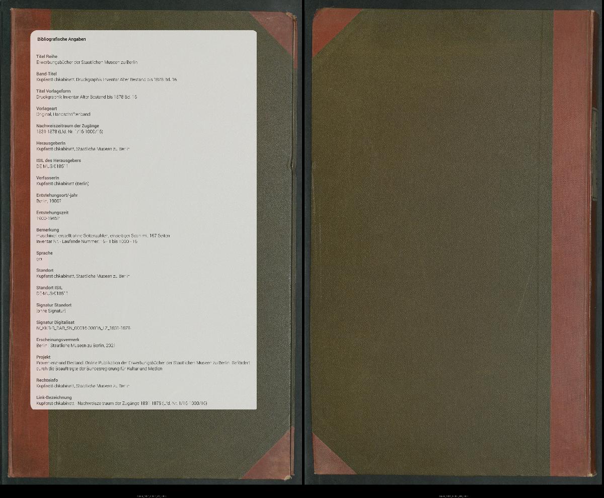Druckgraphik Inventar Alter Bestand bis 1878 Bd. 16