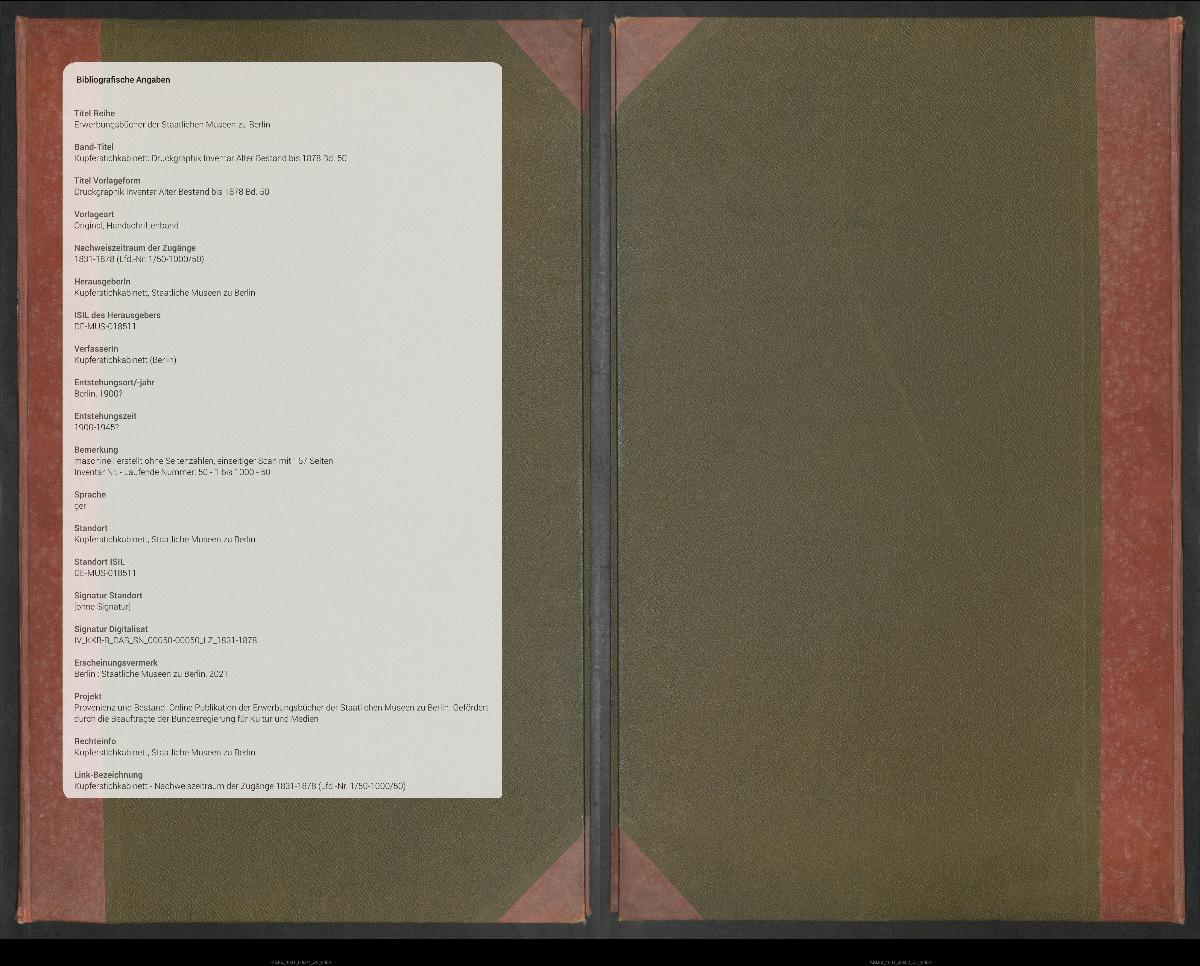 Druckgraphik Inventar Alter Bestand bis 1878 Bd. 50
