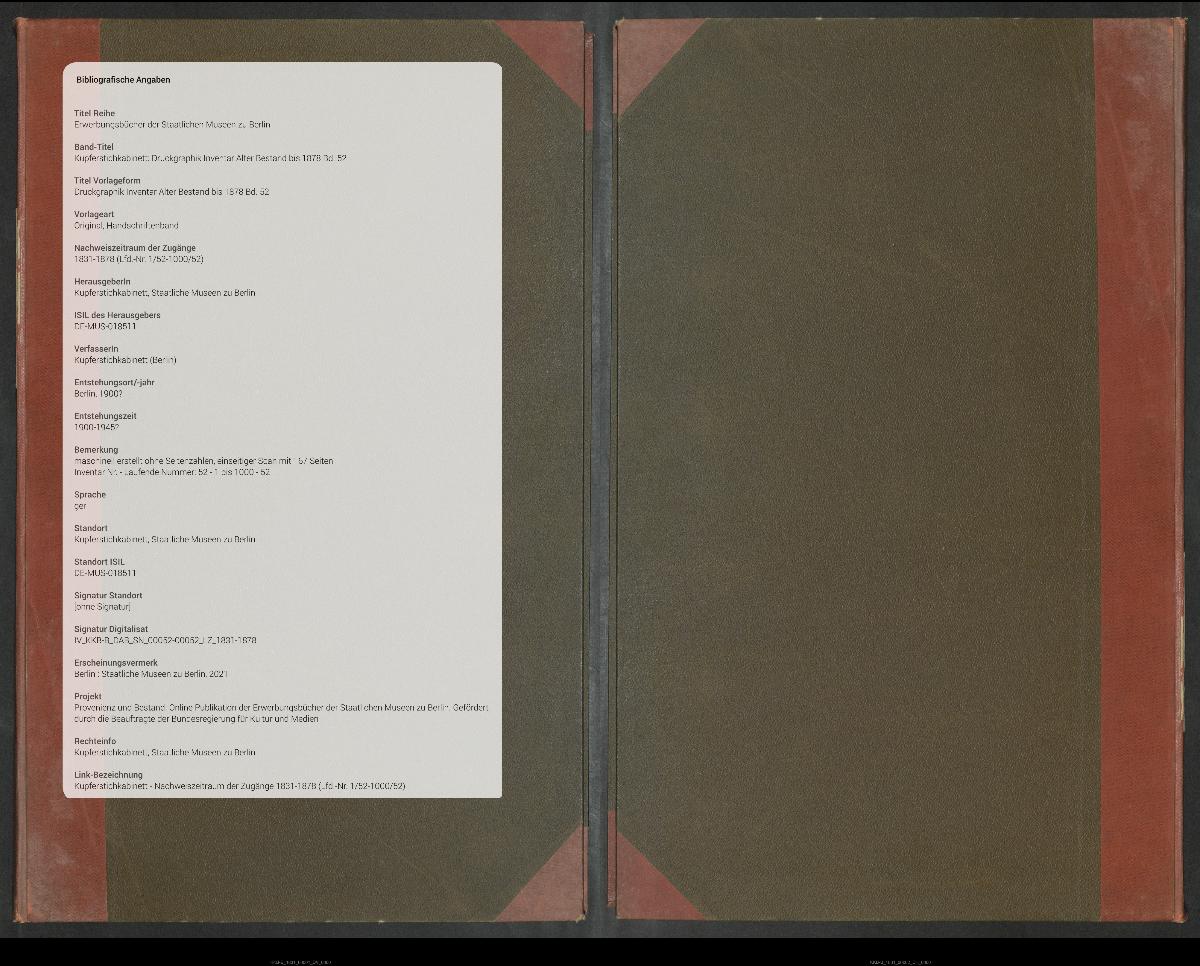 Druckgraphik Inventar Alter Bestand bis 1878 Bd. 52