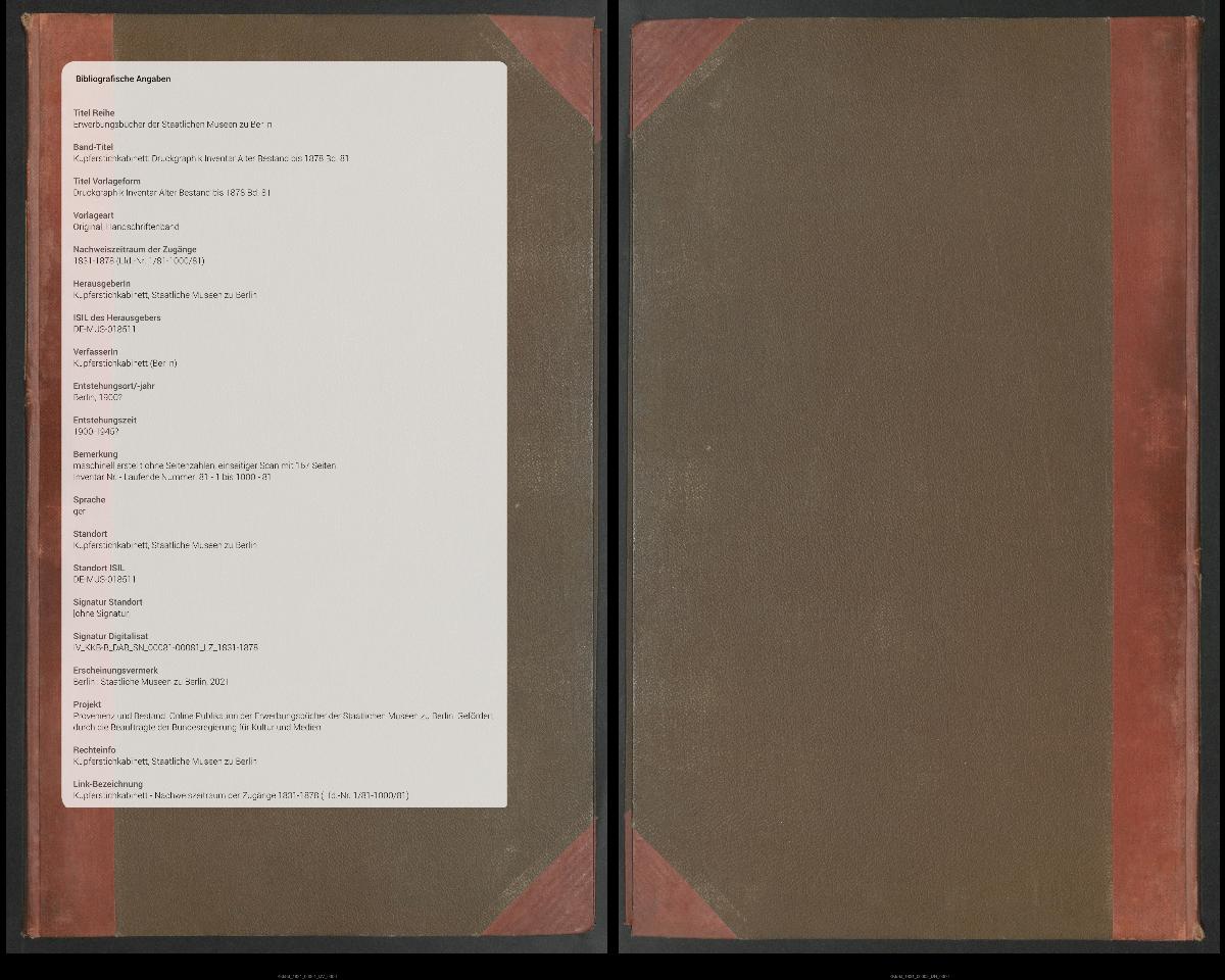 Druckgraphik Inventar Alter Bestand bis 1878 Bd. 81