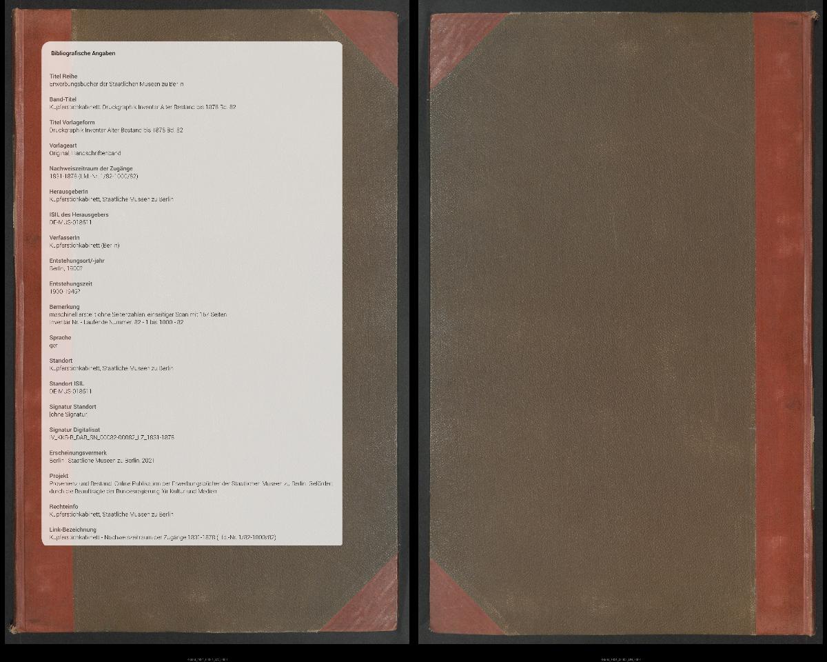 Druckgraphik Inventar Alter Bestand bis 1878 Bd. 82