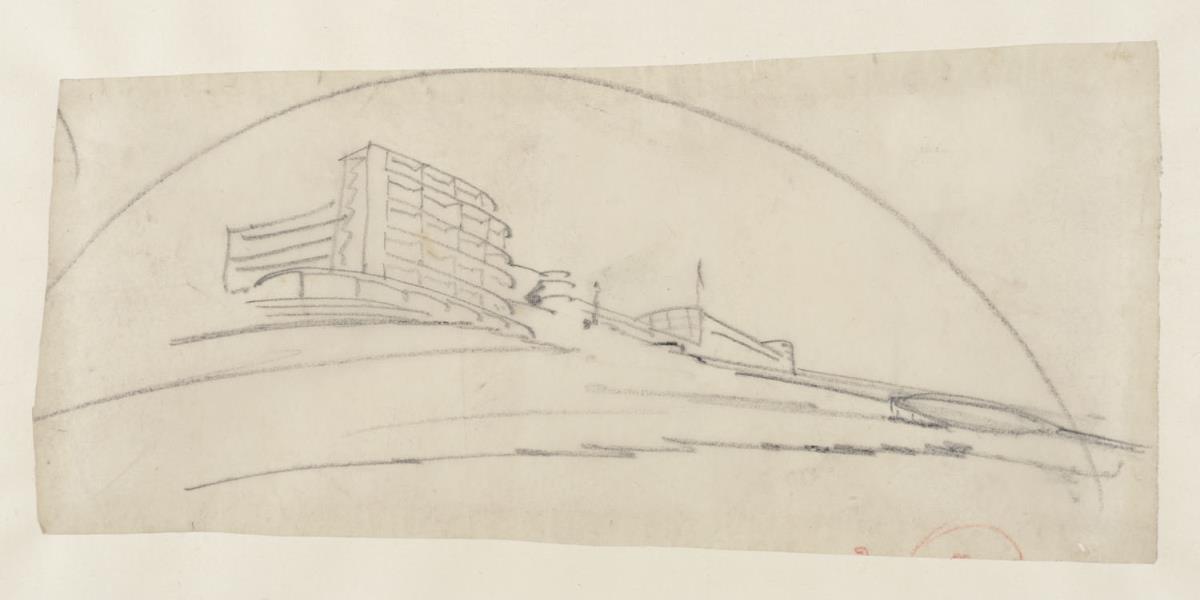 England, Kurhaus De La Warr, "De La Warr Pavillon" mit Projekt eines Vergnügungszentrums, Bexhill-on-Sea/Sussex. Skizze - Perspektive des Vergnügungszentrums von Südwesten