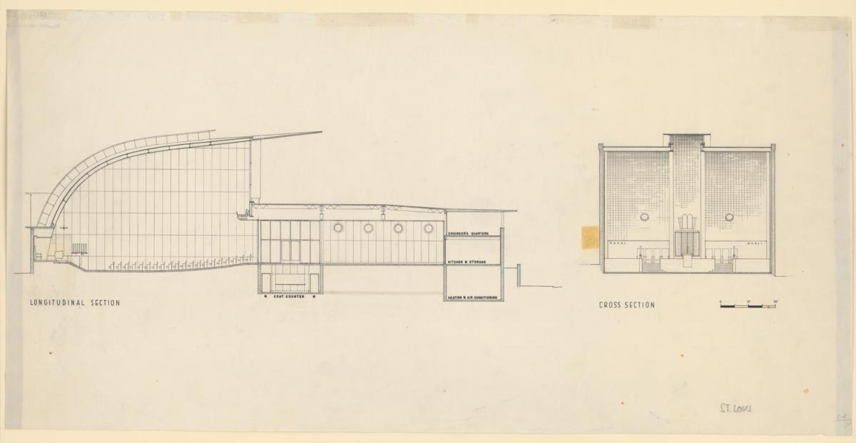 Cleveland, Ohio. Park Synagoge und Gemeindezentrum, Euclid Heights Boulevard. Werkblatt mit Detailzeichnungen zur Estrade, zum Baldachin und zum Toraschrein der Synagoge