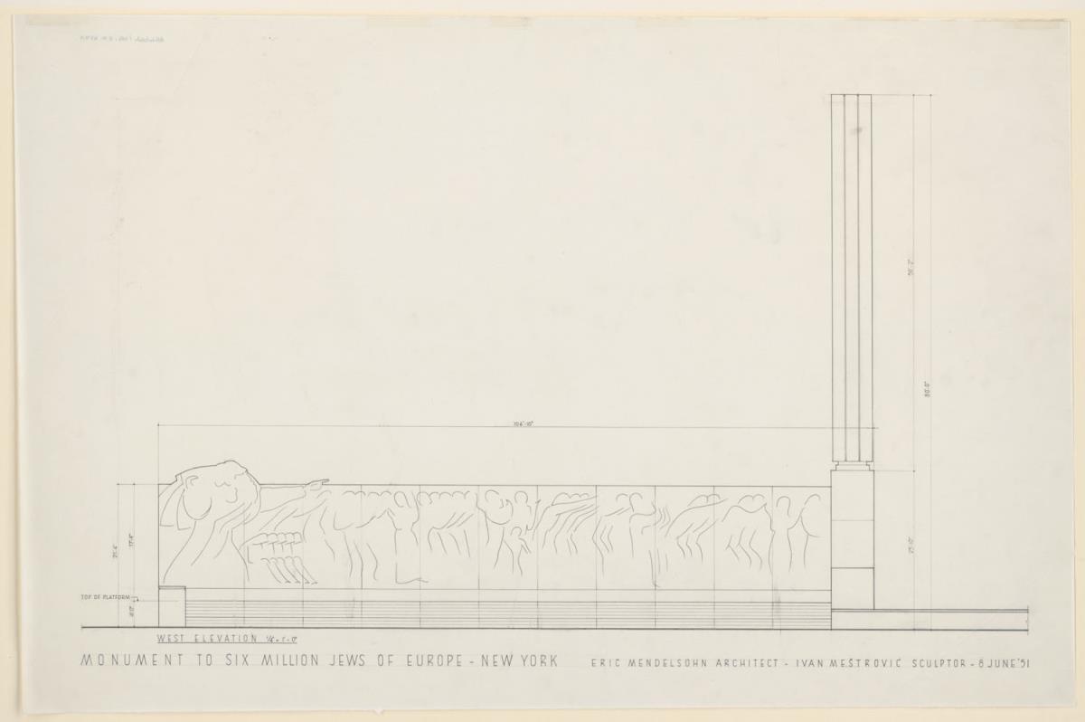New York, Riverside Park, Projekt eines Mahnmales für die 6 Millionen durch die Nationalsozialisten ermordeten Juden. Entwurfsblatt mit Aufriß der Westseite (mit dem Relief Ivan Mestrovic`s), endgültige Fassung