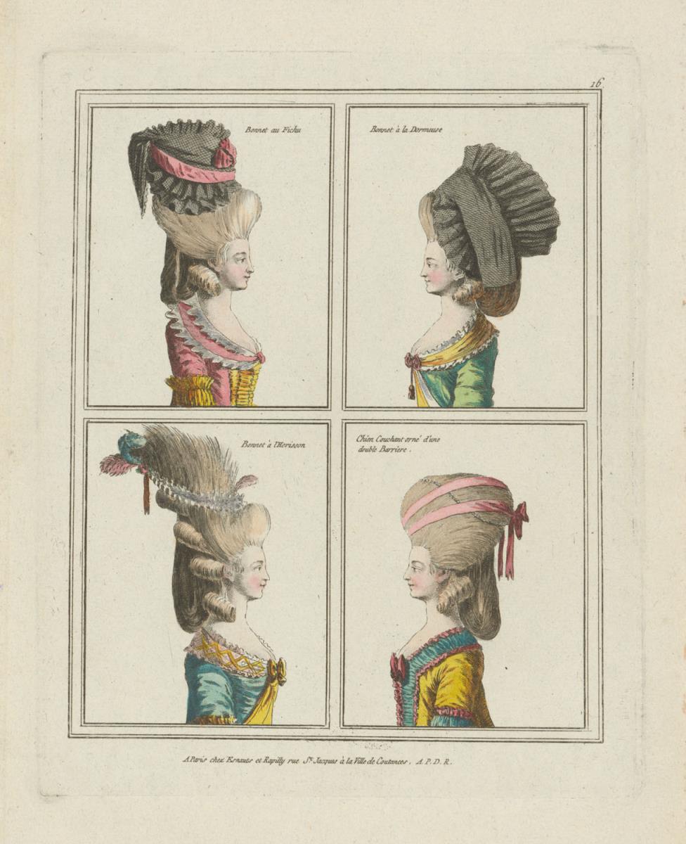 Gallerie des Modes et du Costume Français: Bonnet au Fichu, Bonnet à la Dormeuse, Bonnet à l'Herisson. C.16