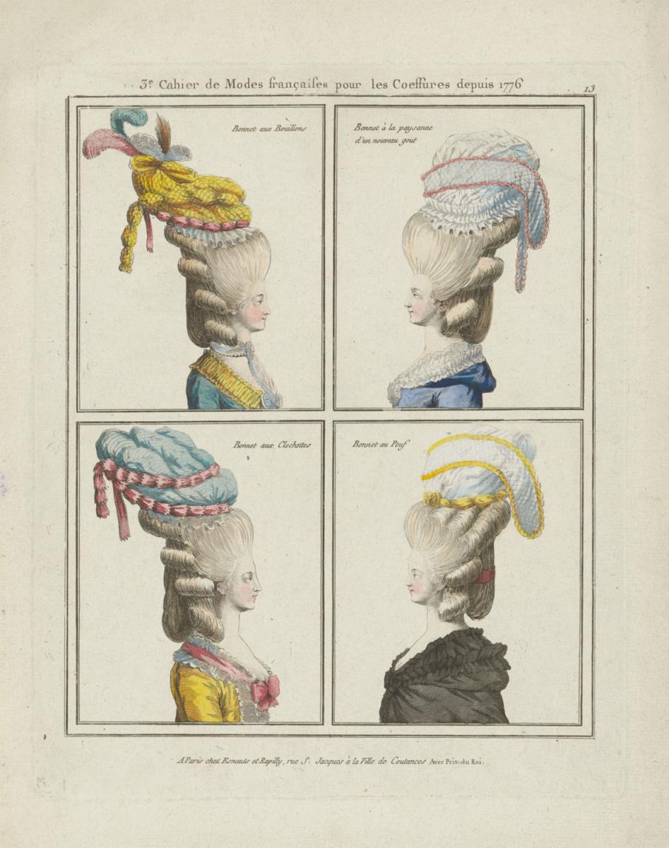 Gallerie des Modes et du Costume Français: Bonnet aux Bouillons, Bonnet à la paysanne d'un nouveau gout, Bonnet au Pouf. C.13