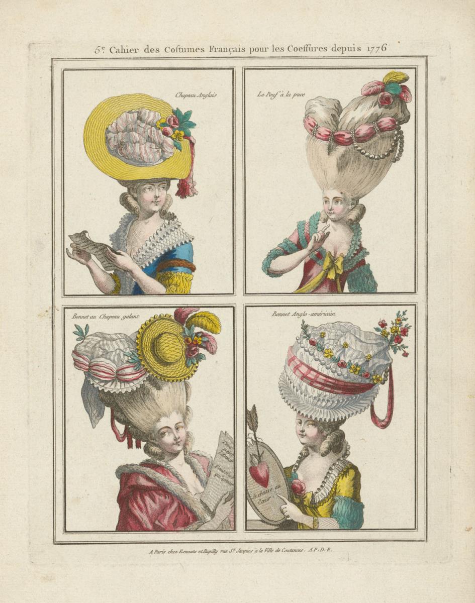 Gallerie des Modes et du Costume Français: Chapeau Anglais, Le Pouf à la puce, Bonnet anglo-américain. E.25