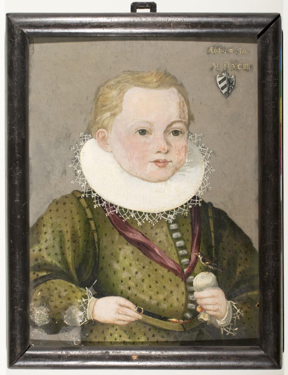 Porträt eines Jungen im Alter von 2 Jahren mit einem Distelfink