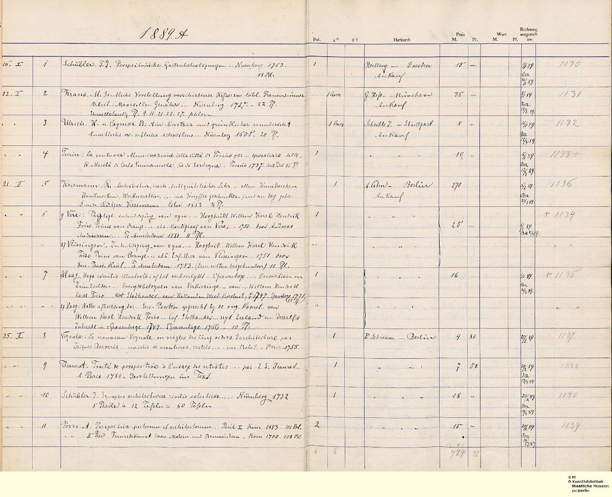 Ornamentstich-SLG. Erwerbungsliste 1889 bis 1890