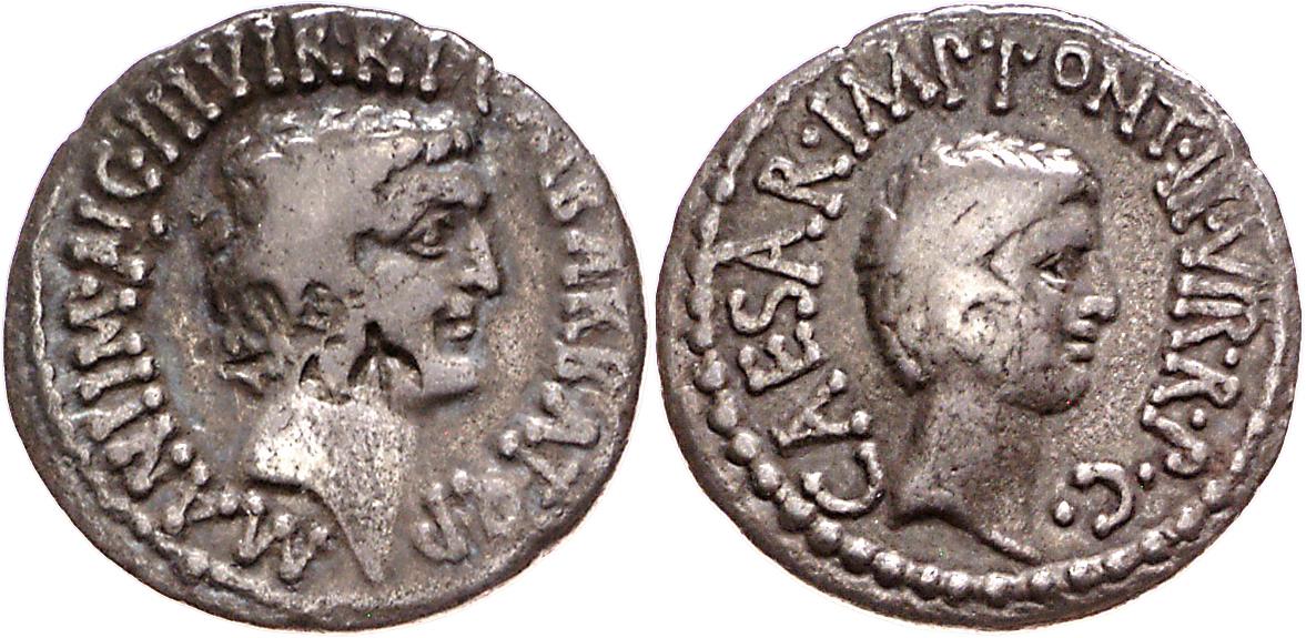 Röm. Republik: M. Barbatius Pollio, M. Antonius und C. Iulius Caesar (Octavianus)